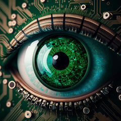 Close-Up of a Green Eye Camera Lens on a Circuit Board with Surrounding Microchips