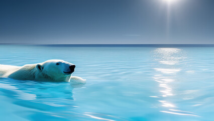 polar bear swimming in blue water, white bear, ocean, north pole, Generative AI