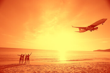 Fototapeta na wymiar airplane view beach and group of people meet, the concept of freedom vacation, background thailand