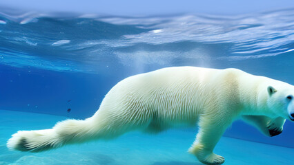 Naklejka premium polar bear swimming in blue water, white bear, ocean, north pole, Generative AI