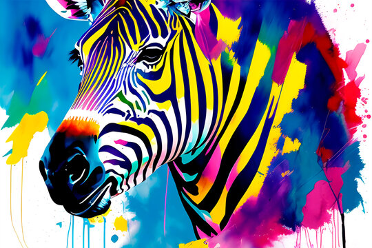 Splatter Art Of A Majestic Zebra Head. Oil Painting Style. Generative AI