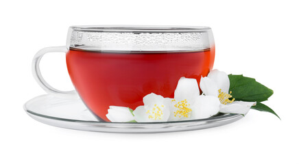 Cup of tea and fresh jasmine flowers isolated on white