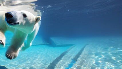 Fototapeta premium polar bear swimming in blue water, white bear, ocean, north pole, Generative AI