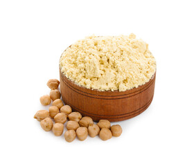 Chickpea flour in wooden bowl and seeds isolated on white