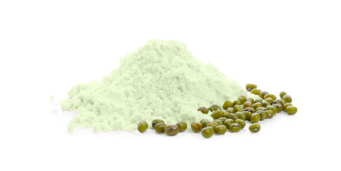 Pile of mung bean flour and seeds isolated on white