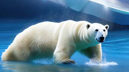 polar bear swimming in blue water, white bear, ocean, north pole, Generative AI