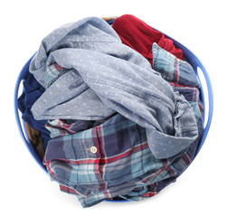 Plastic laundry basket full of clothes isolated on white, top view