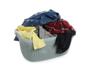 Plastic laundry basket full of clothes isolated on white