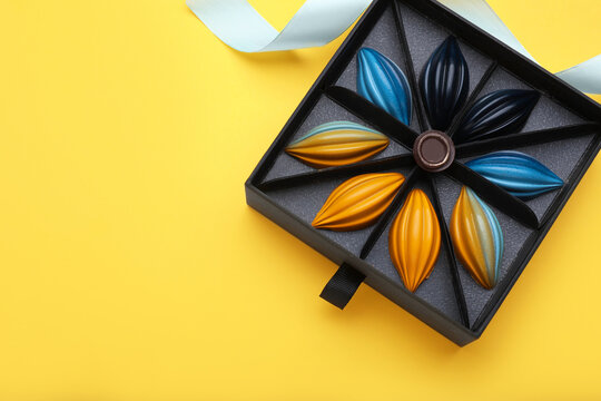 Box of tasty chocolate candies and ribbon on yellow background, flat lay. Space for text