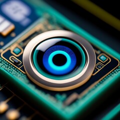 Close-Up of a Blue Eye Camera Lens on a Circuit Board with Surrounding Microchips