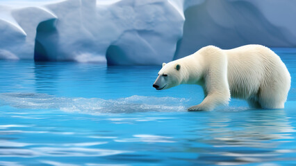 polar bear swimming in blue water, white bear, ocean, north pole, Generative AI