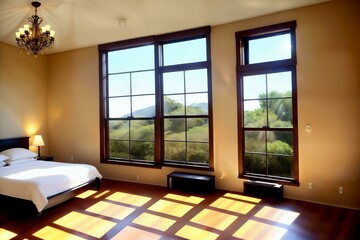 Fototapeta premium Cozy Home Bedroom scene forest & window light and shadows, ceiling fan and wood floor, 4k details
