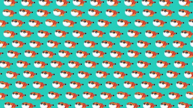 Tiger kawaii orange yellow characters wallpaper walking on green background. Cute children cartoon animation good as backdrop for intro, party, television programme, presentation, etc... 