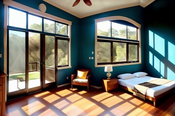 Fototapeta premium Cozy Home Bedroom scene forest & window light and shadows, ceiling fan and wood floor, 4k details