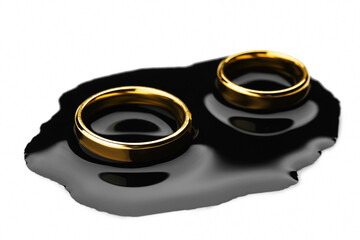 Divorce concept. Wedding rings with black ink on white background