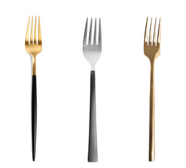 Set of shiny forks on white background