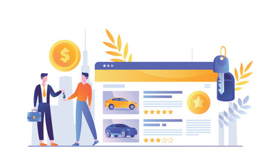 Paying credit for car. Vehicle rental. Men choose to purchase on website, online shopping. Modern technologies and digital world. Ranking and rating concept. Cartoon flat vector illustration
