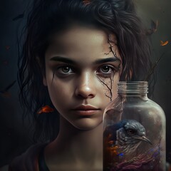 portrait of a girl with a bird in a glass