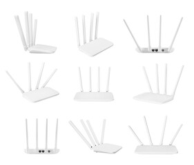 Modern Wi-Fi router on white background, view from different sides