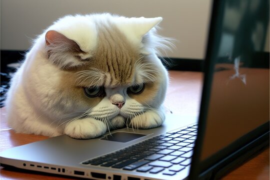 Sad cat requires attention, he lay down on the keyboard of an ultrabook and interferes with his owner work, created with Generative AI technology. Close-up.