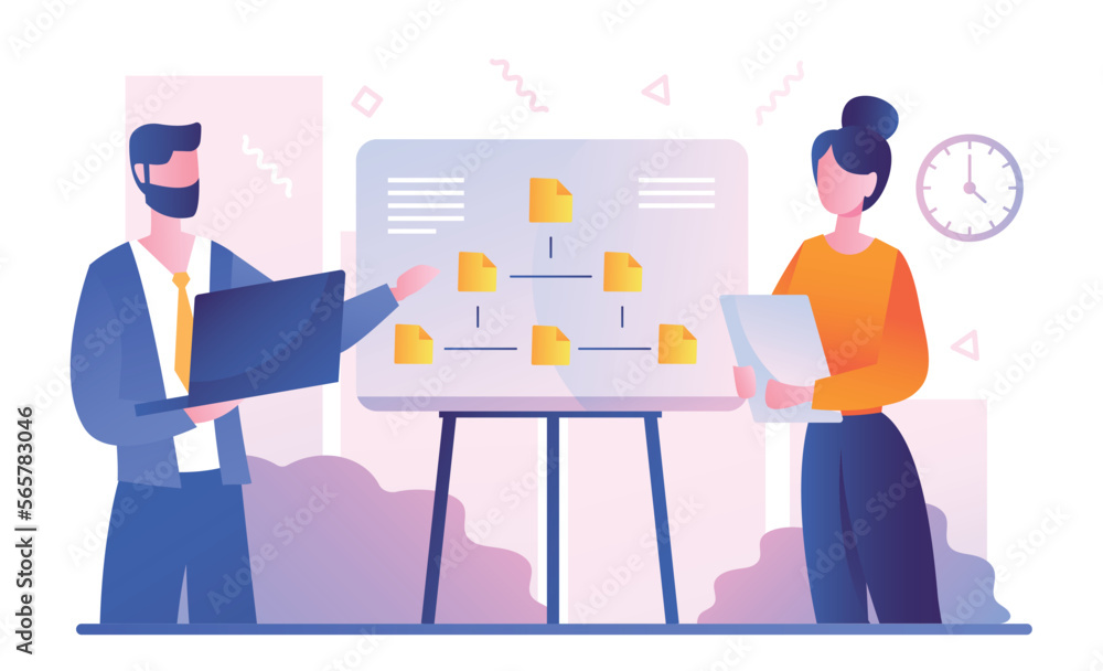 Poster team of programmers. man and woman engaged in structure of files. it professionals in workplace. mod