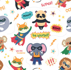 Superheroes seamless pattern. Repeatable design element for printing on fabric. Lion, dolphin, fox, koala and panda. Animals in superhero costumes with speech bubbles. Cartoon flat vector illustration © Rudzhan