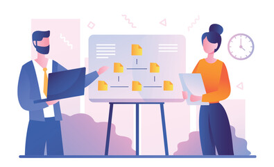 Team of programmers. Man and woman engaged in structure of files. IT professionals in workplace. Modern technologies and digital world, electronic archive and storage. Cartoon flat vector illustration