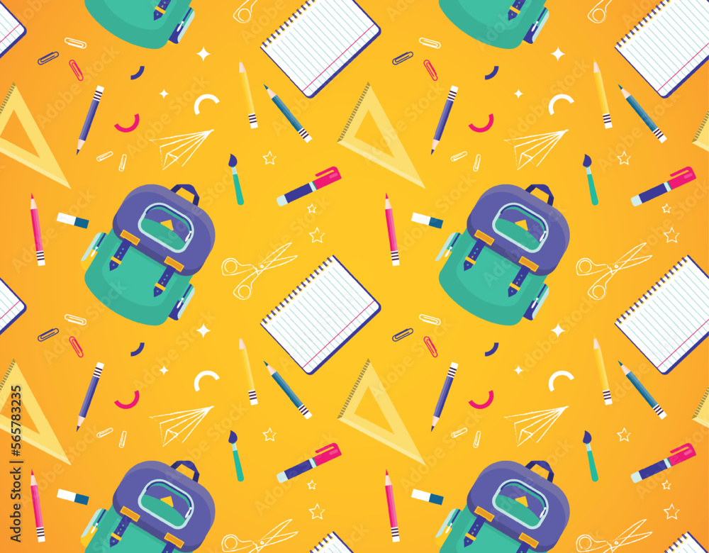 Poster back to school seamless pattern. repeating diaine element for printing on fabric. briefcase with mul