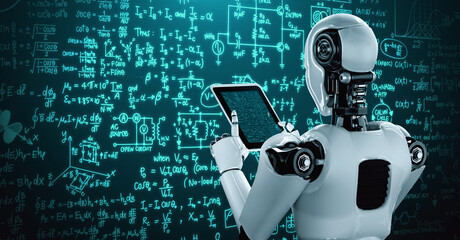 Robot hominoid using tablet computer for engineering science studying using AI thinking brain , artificial intelligence and machine learning process for 4th industrial revolution . 3D rendering