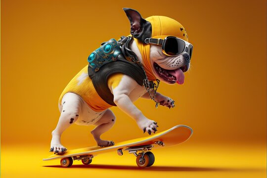 funny DOG ,puppy on skateboard ,isolated on yellow background,Generative ai