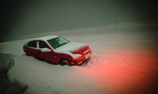 Red Car Stuck In Snow Created With Generative AI