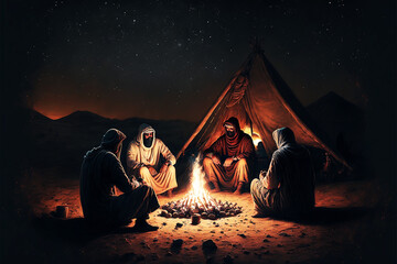 illustration Arabs young man sitting in front of a tent and with a bonfire generative ai