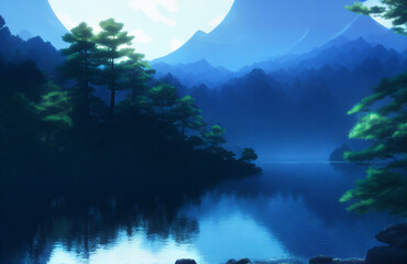 Fototapeta na wymiar Artwork of a lake in a lush forest