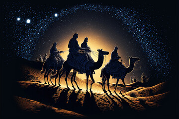 caravan of camels going through desert with moon graphic illustration at beautiful night generative ai