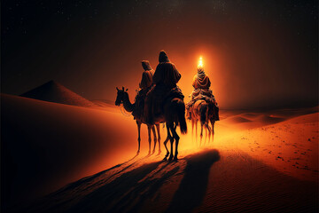 caravan of camels passing through the desert at night carrying beautiful torches generative ai - obrazy, fototapety, plakaty
