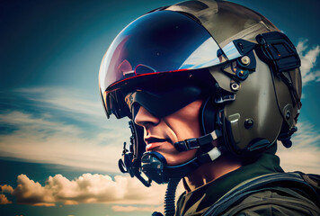 Head shot of fighter pilot flying on the high sky in the airspace for national defense or world war. Portrait of soldier