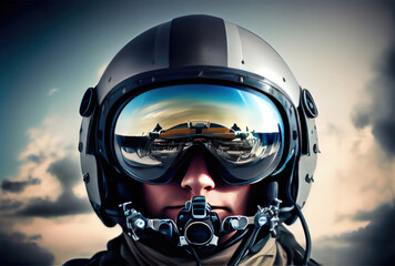 Head shot of fighter pilot flying on the high sky in the airspace for national defense or world war. Portrait of soldier - obrazy, fototapety, plakaty