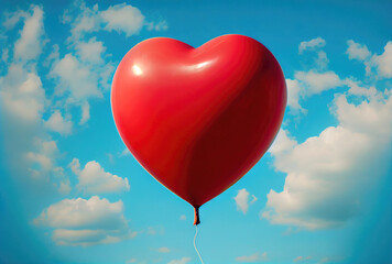 Obraz na płótnie Canvas Red balloon in heart shape flying on the air with blue sky background. Valentines day concept. Generative AI
