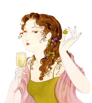 大正浪漫 昭和レトロ 白ワインのグラスを持つ女性