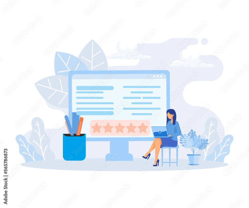 Poster various online survey and rating icons. characters filling survey form, putting check marks on check