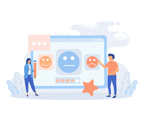 Review illustration set. People сharacters giving five star feedback. Clients choosing satisfaction rating. Customer service and user experience concept. flat vector illustration