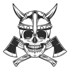 Viking skull in horned helmet and crossed metal ax with handle made of wood. Wooden axe construction builder tool. Element for business woodworking or lumberjack emblem or icon.