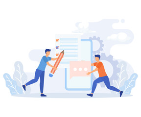 Feedback illustration set. Characters filling survey form, giving positive feedback and filing checklist on smartphone and computer. User experiences concept flat vector illustration