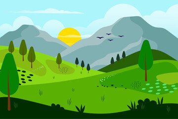 flat mountain landscape. Flat natural landscape with sun and farm in the forest. Countryside landscape illustration. vector.vvv