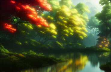 Obraz na płótnie Canvas Artwork of a lake in a lush forest