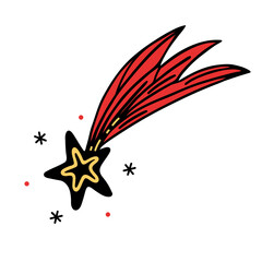 Falling comet vector icon. Hand drawn illustration isolated on white. Celestial meteorite in the shape of a star. Bright space meteor with a red tail. Simple cartoon doodle. Flat clipart for web © shamanistik_art