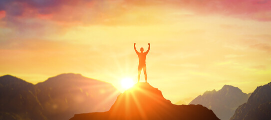 Success. Silhouette man at peak of mountains. Peak Panoramic view on mountains hills Successfully...