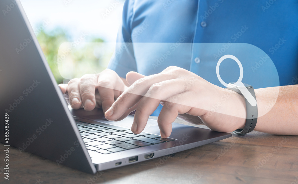 Poster man using laptop, searching web, browsing information. data search technology seo search engine opti
