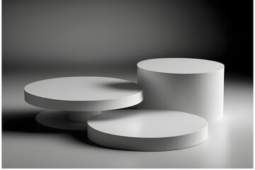 Three tier platform, round product display, empty white showcase, mockup, plain gray background, 3d illustration