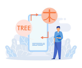 Characters learning English language illustration set. Student studying with smartphone, book and practicing reading, listening and speaking in English. Online education concept. flat vector illustrat